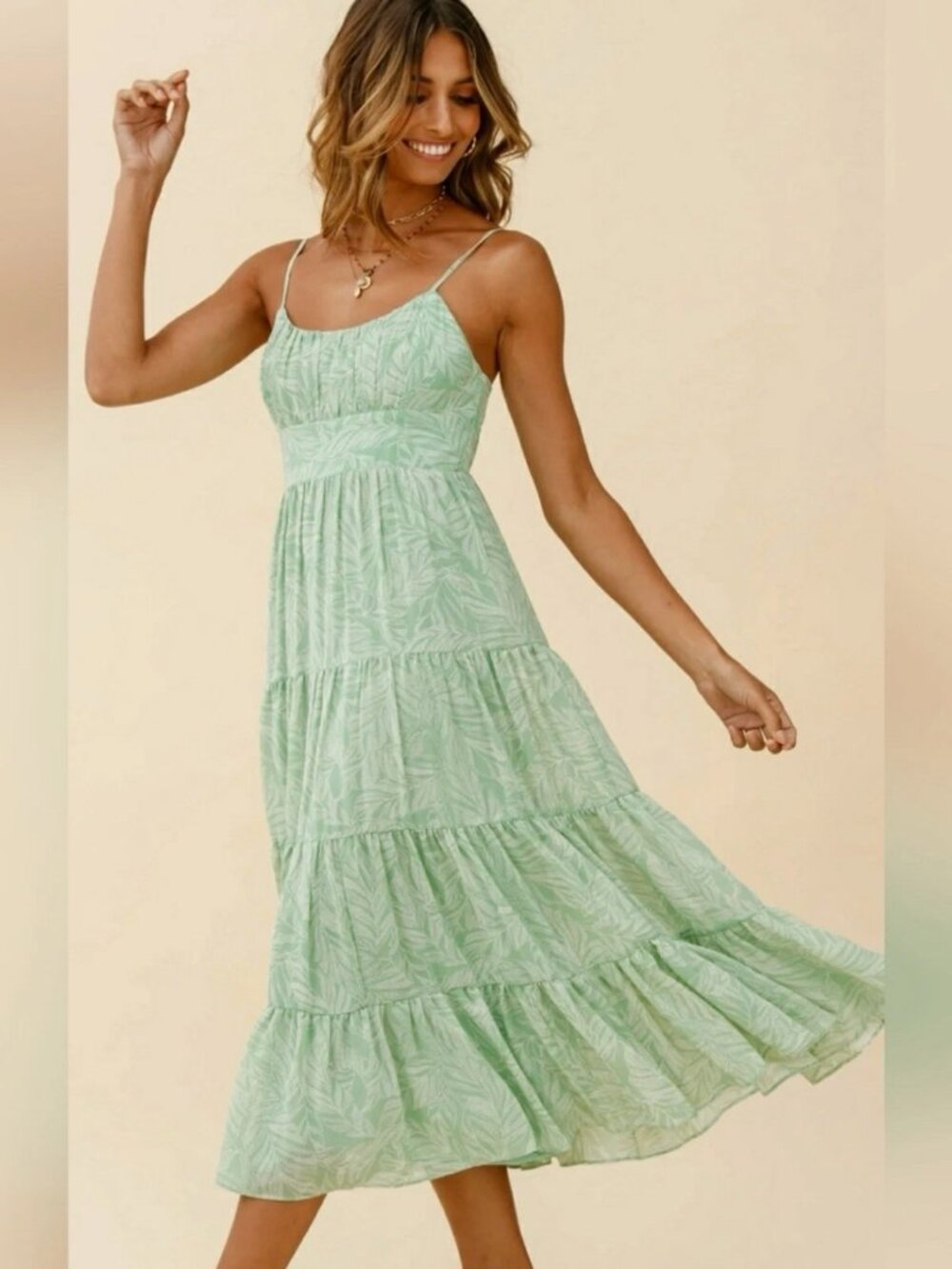 Here Comes the Sun Flowy Leaf Print Sz S Tiered Ruffle Forest Fairy Coquette